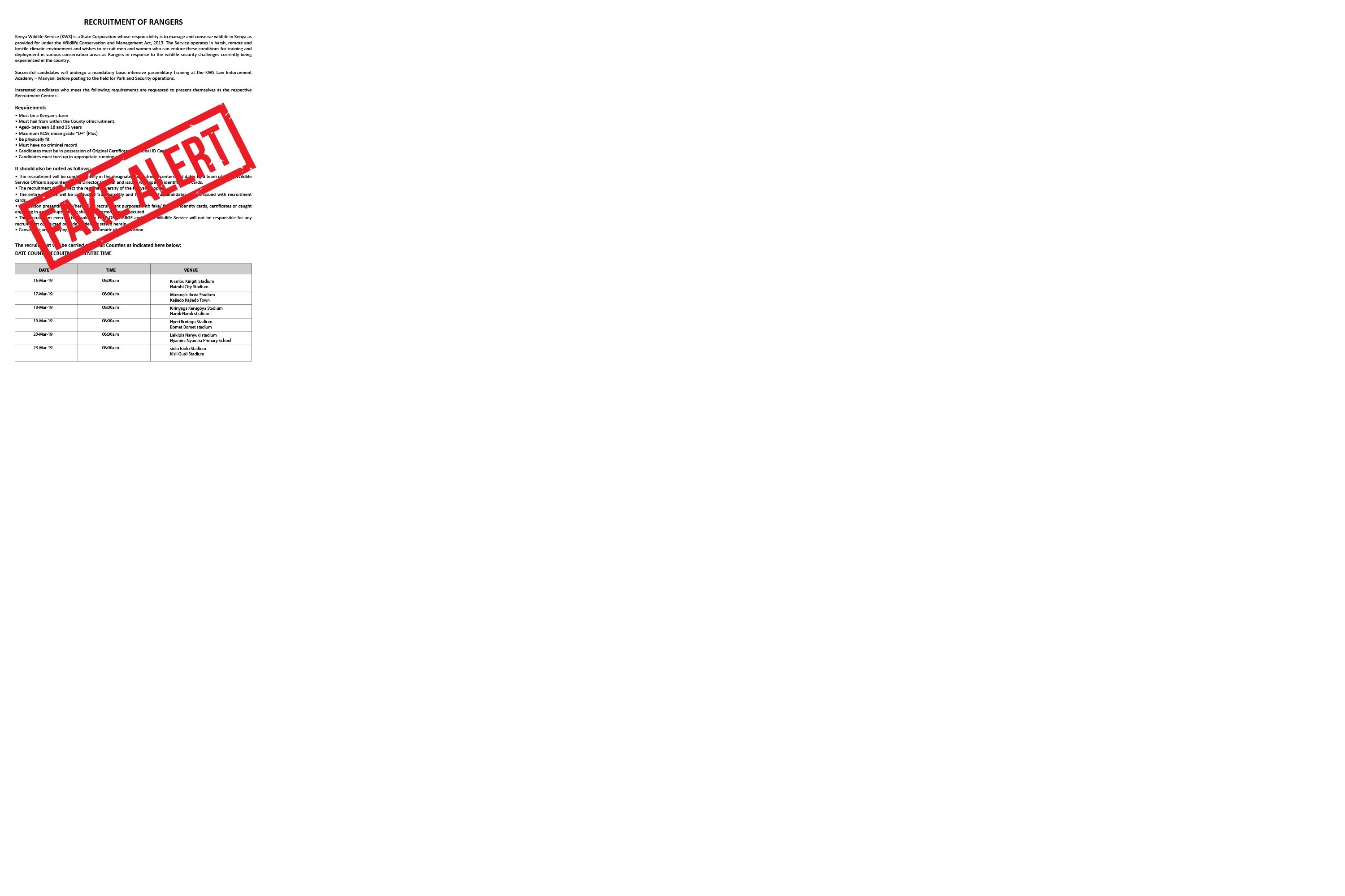 PUBLIC ALERT-FALSE RANGER RECRUITMENT